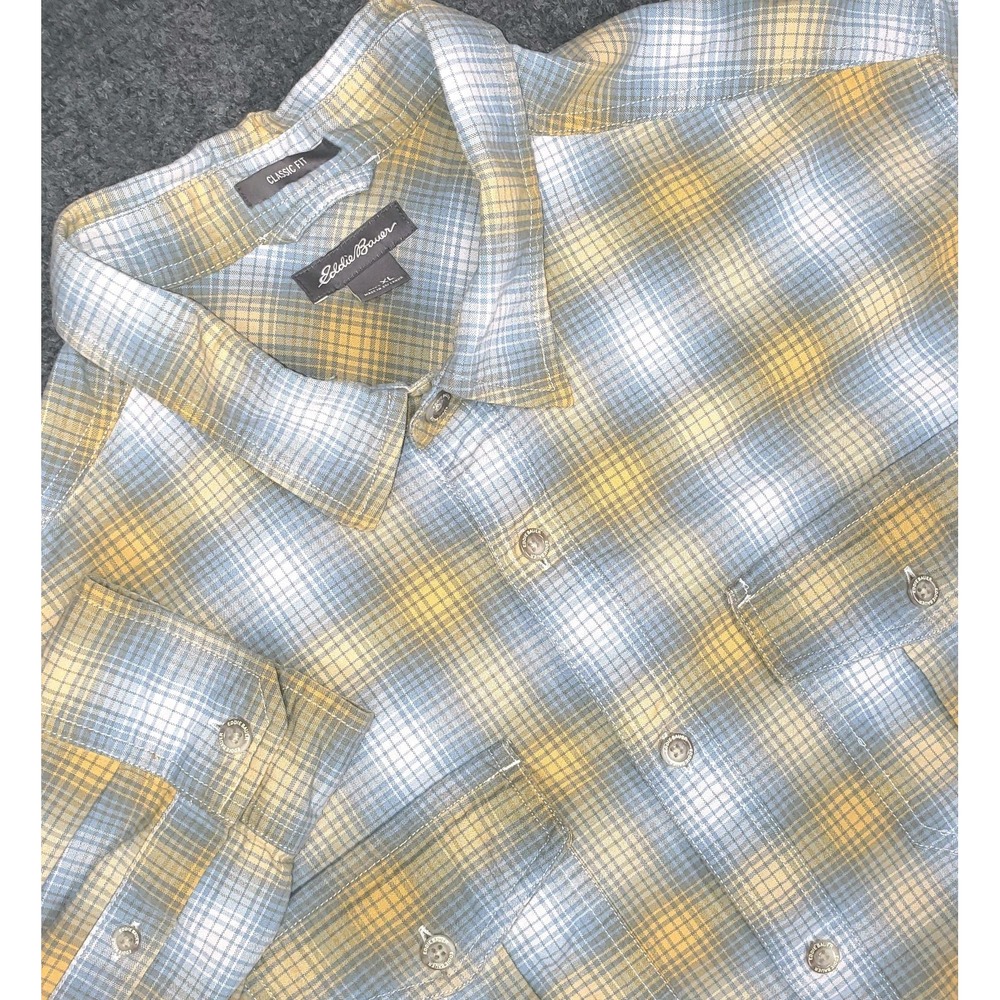 Eddie Bauer Shirt Mens XL‎ Gray Yellow Plaid Button Up Double Pockets